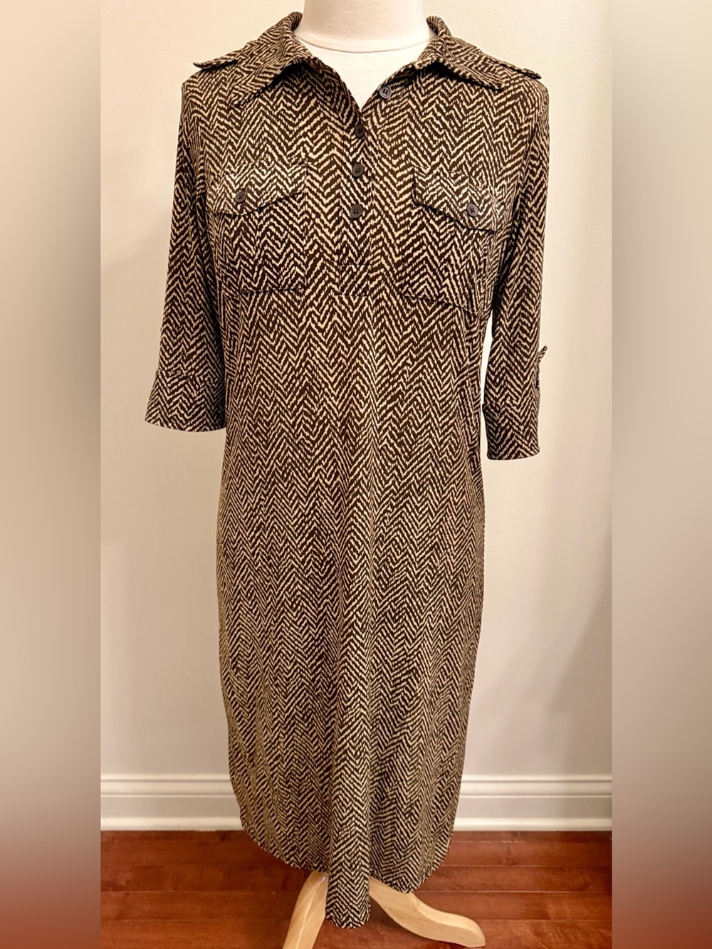 Attention Brown Tan Chevron Print M Modern Chic Boho Contemporary Earthy Dress